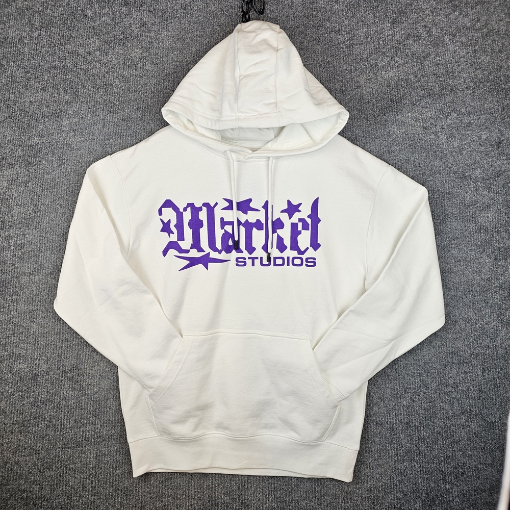 Market Studios White Pullover Hoodie with Purple Gothic Logo - NWT